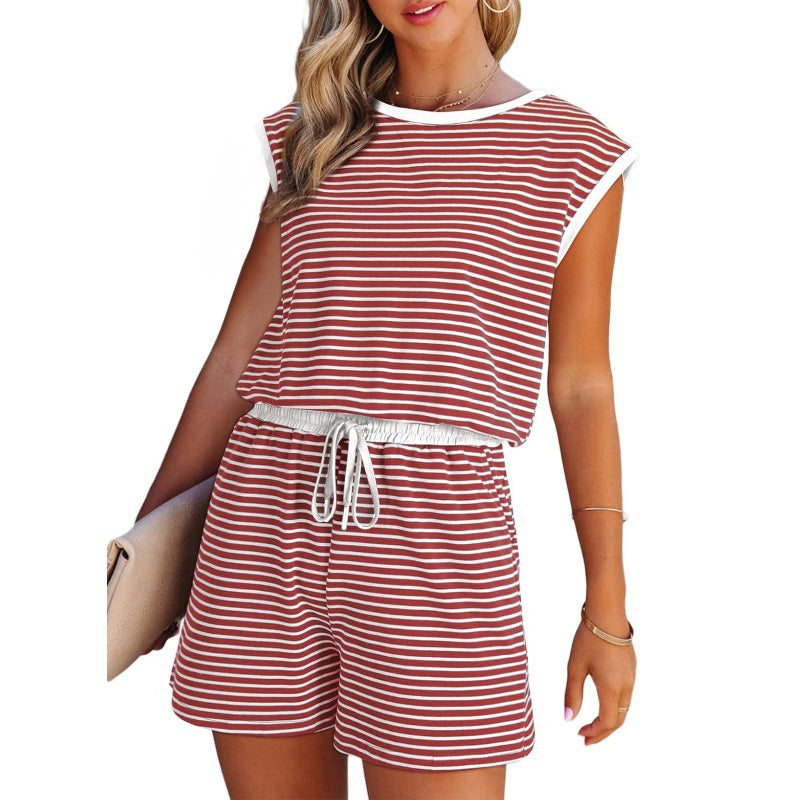 Women’s Striped Cap Sleeve Top Shorts 2-Piece Set