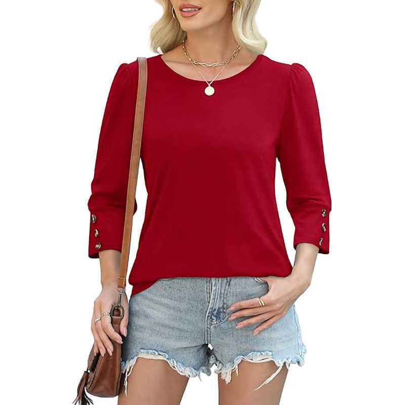 Women’s Casual Wide Crewneck Buttoned-Sleeve Top