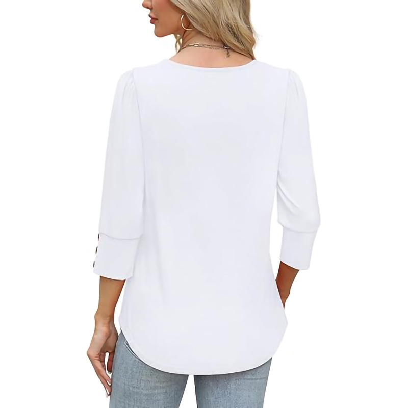 Women’s Casual Wide Crewneck Buttoned-Sleeve Top