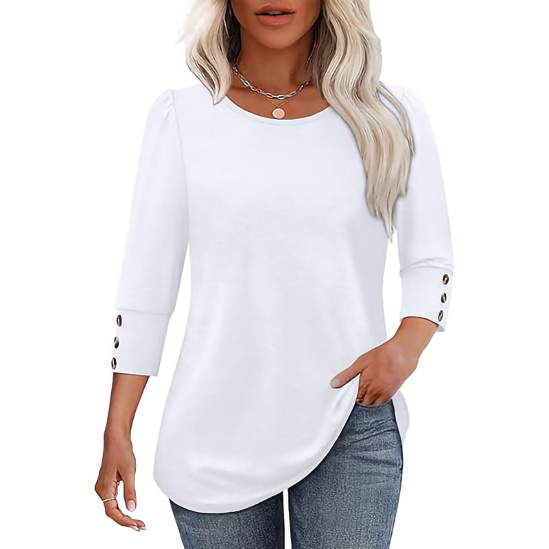 Women’s Casual Wide Crewneck Buttoned-Sleeve Top