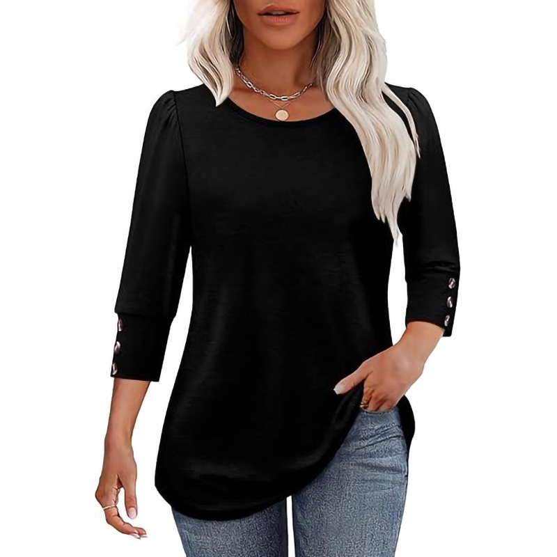 Women’s Casual Wide Crewneck Buttoned-Sleeve Top