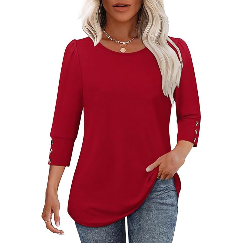 Women’s Casual Wide Crewneck Buttoned-Sleeve Top