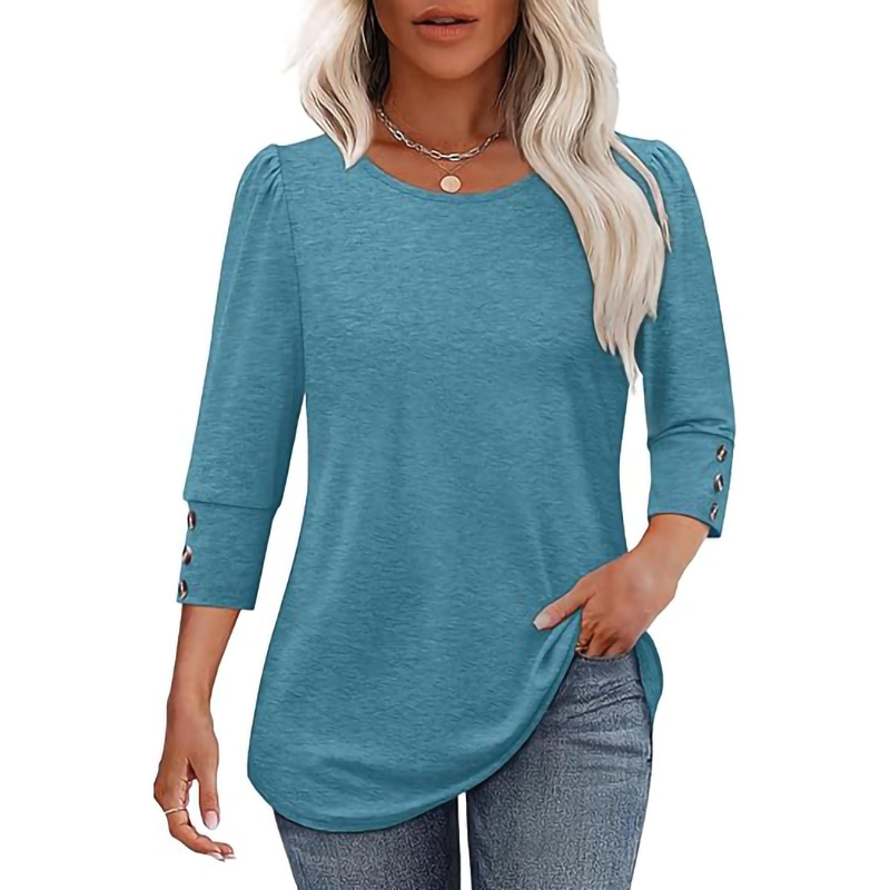 Women’s Casual Wide Crewneck Buttoned-Sleeve Top