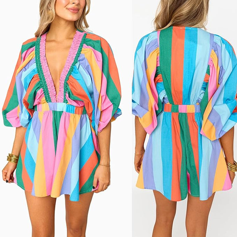 Women's V-Neck Striped Long-Sleeve Short Dress