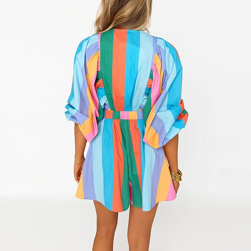 Women's V-Neck Striped Long-Sleeve Short Dress