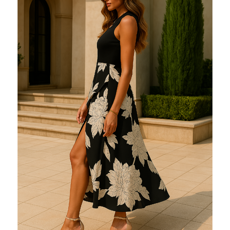 Summer Round Neck Sleeveless Floral Ruffled Dress