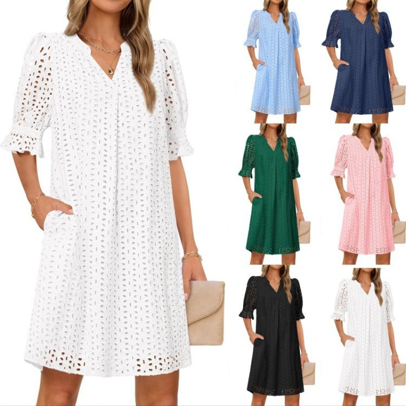 Women's V-Neck Hollow Out Short Sleeve Dress
