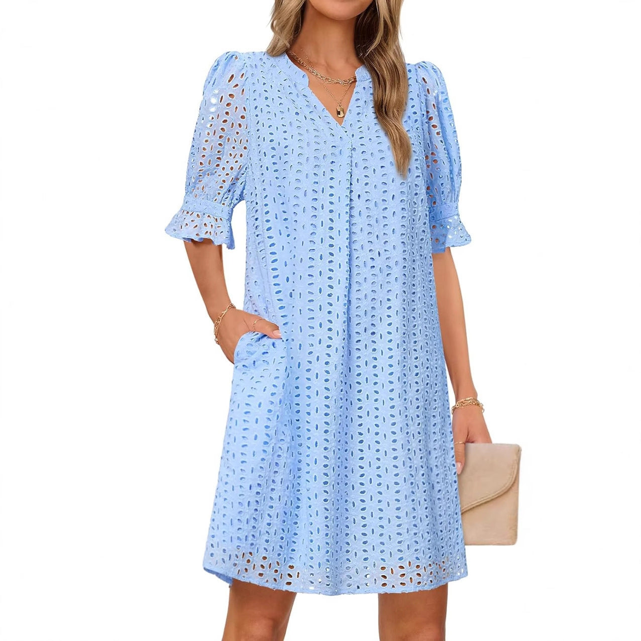 Women's V-Neck Hollow Out Short Sleeve Dress