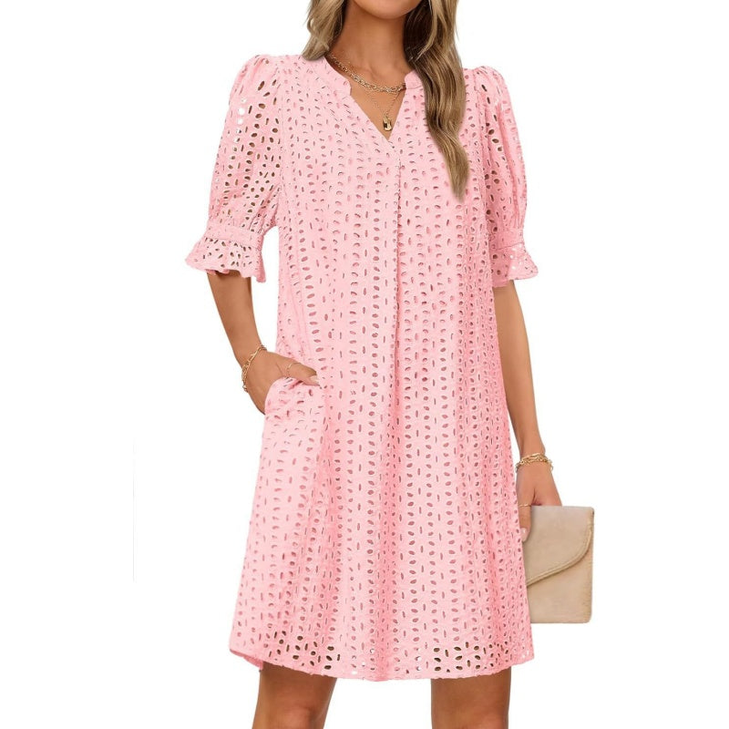 Women's V-Neck Hollow Out Short Sleeve Dress