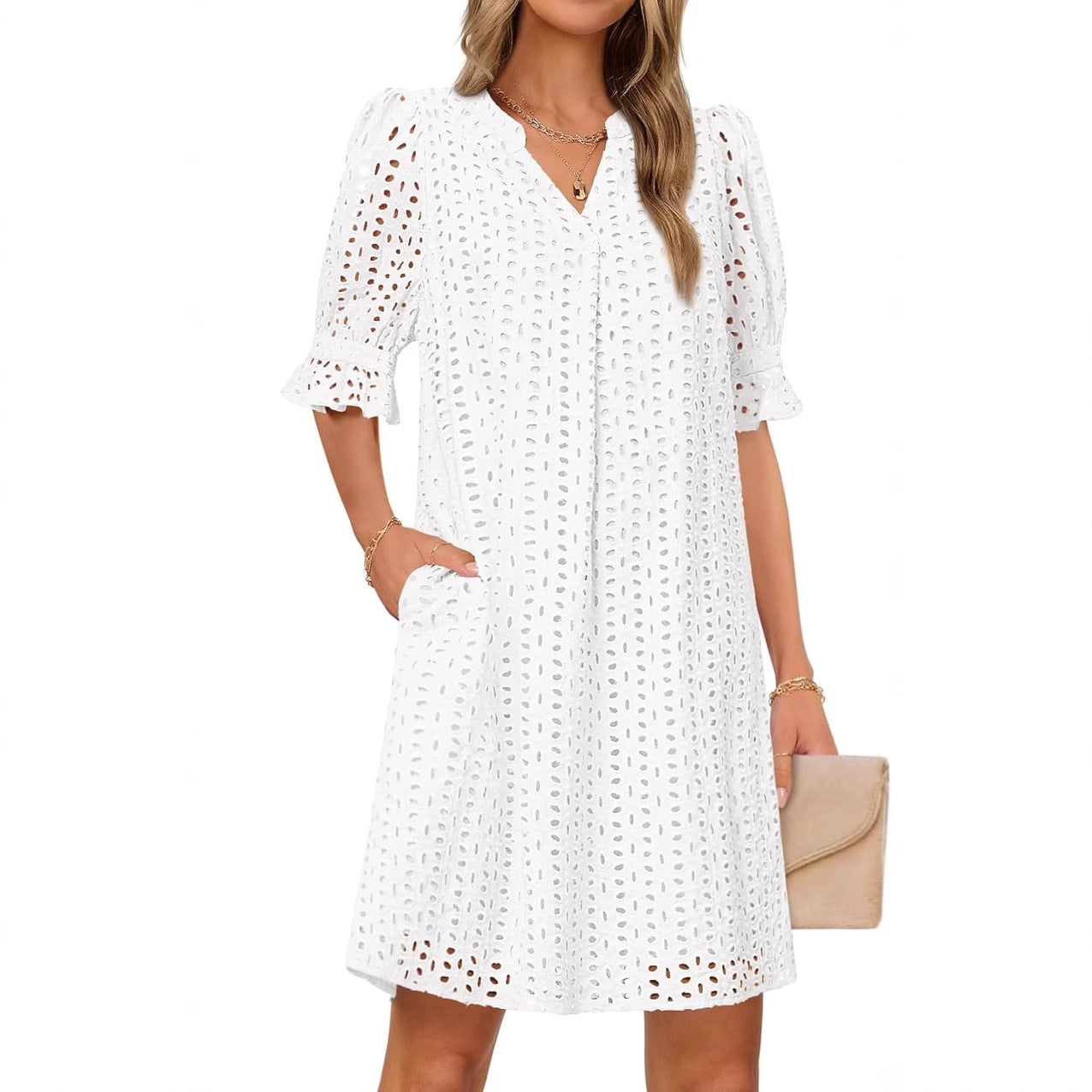 Women's V-Neck Hollow Out Short Sleeve Dress