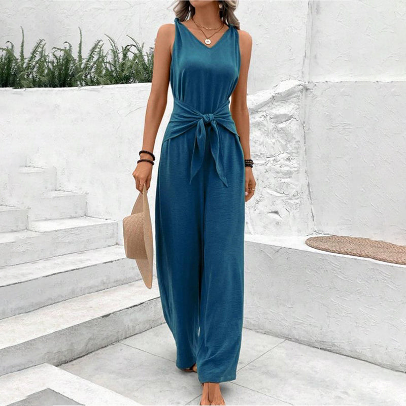 Women's Solid Waist Tie Jumpsuit