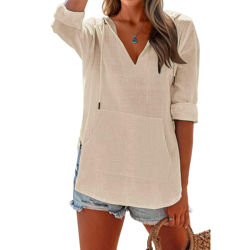 🌞Summer Sale 50% OFF🔥Women's Solid V-Neck Long Sleeve Hooded Top with Pocket