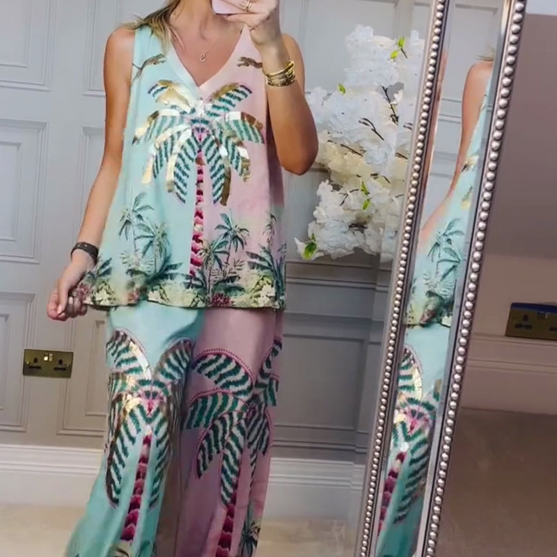 🌴 Tropical Coconut Tree Set: Tank + Pants, Lightweight & Vibrant