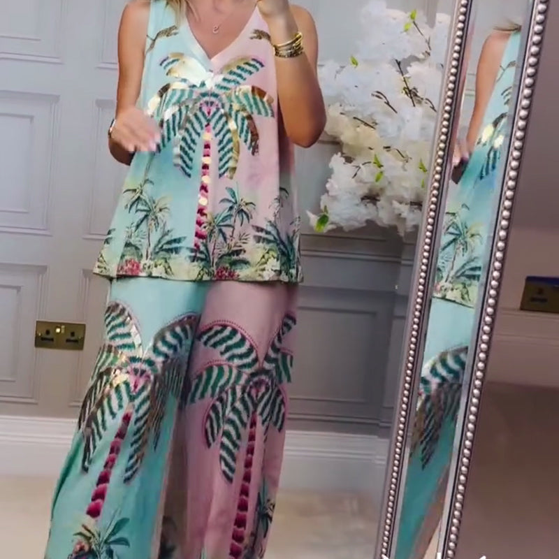 🌴 Tropical Coconut Tree Set: Tank + Pants, Lightweight & Vibrant