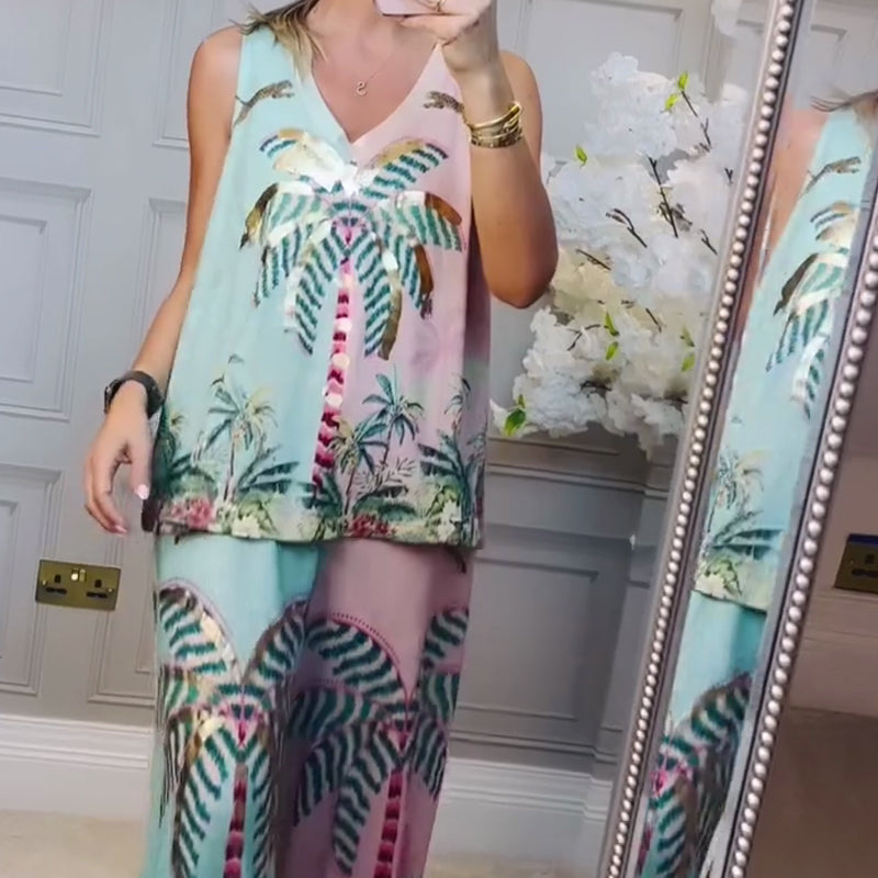 🌴 Tropical Coconut Tree Set: Tank + Pants, Lightweight & Vibrant
