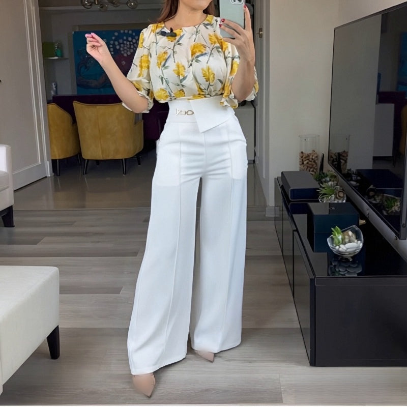 Round Neck Top & Wide Leg Pants Set