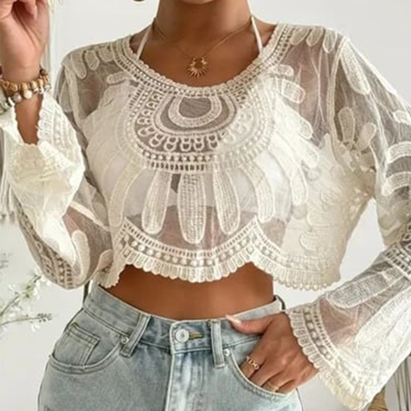 🌺 Women's Floral Embroidered Semi-Sheer Cover Up 🌊 | Cute Long Sleeve Round Neck | Perfect for Beach Vacations & Outdoor Fun! ☀️
