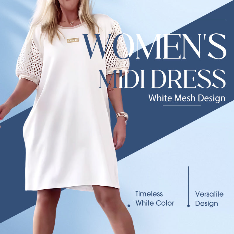 Women's White Mesh Design Midi Dress