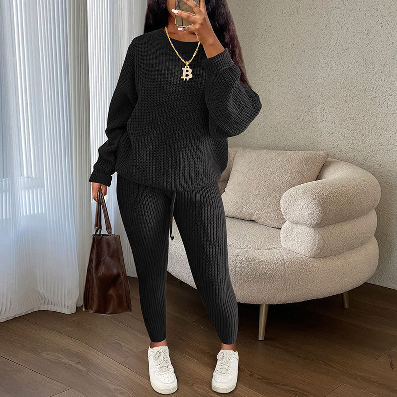 Women’s Loose Fit Top & Solid Color Pants 2-Piece Set