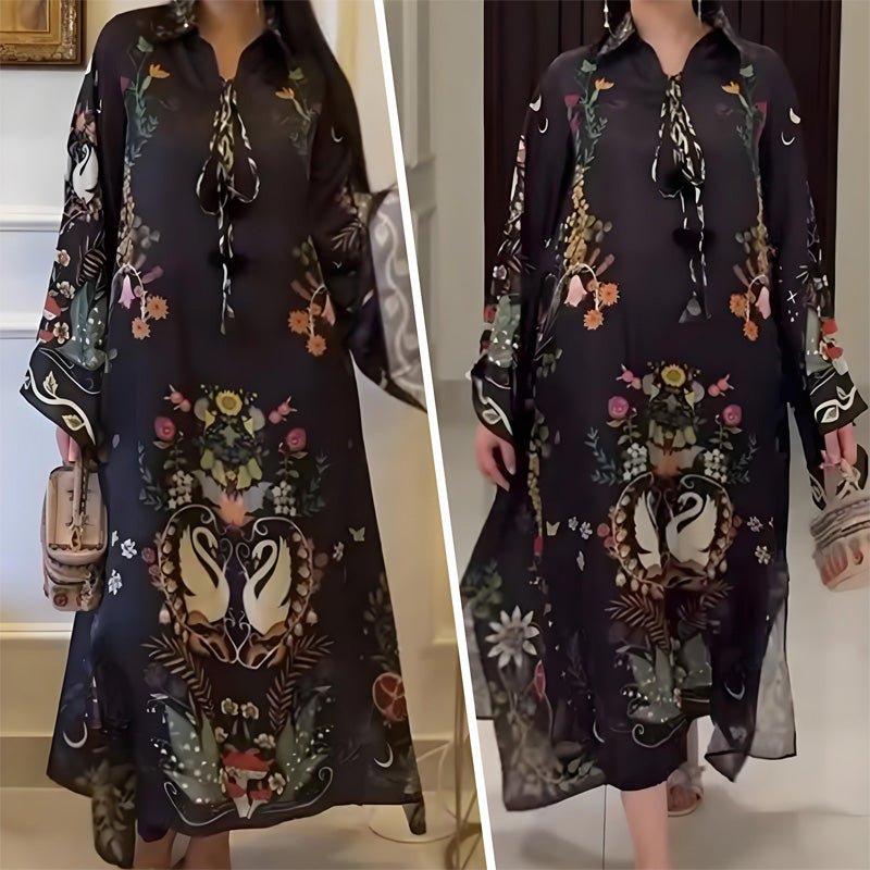 Women’s Printed V-Neck Loose Long-Sleeve Maxi Dress