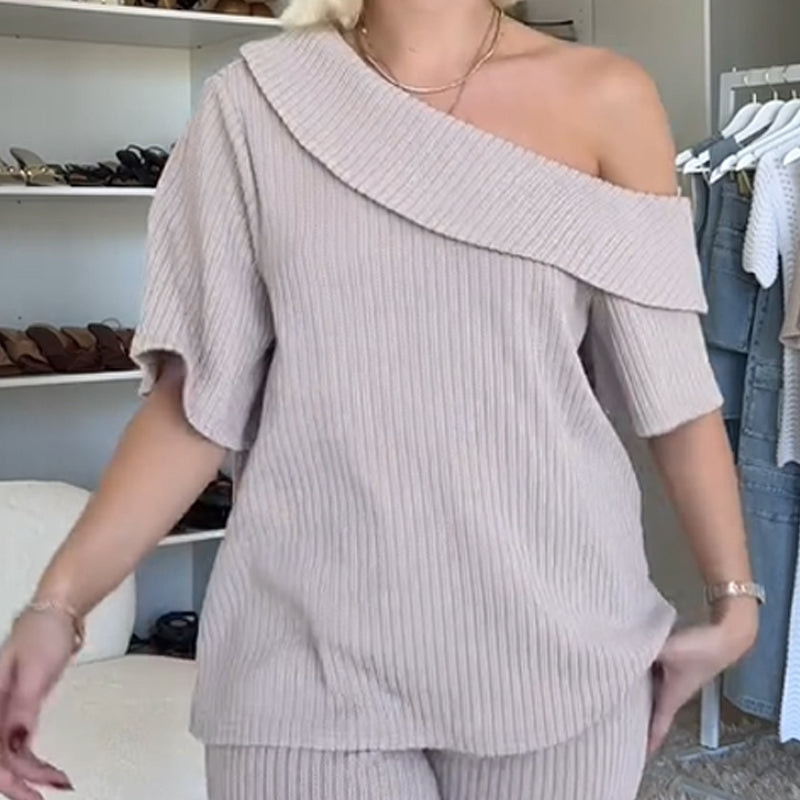 Ribbed Knit Off-Shoulder Top & Wide-Leg Pants Set