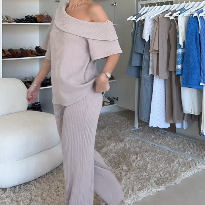 Ribbed Knit Off-Shoulder Top & Wide-Leg Pants Set