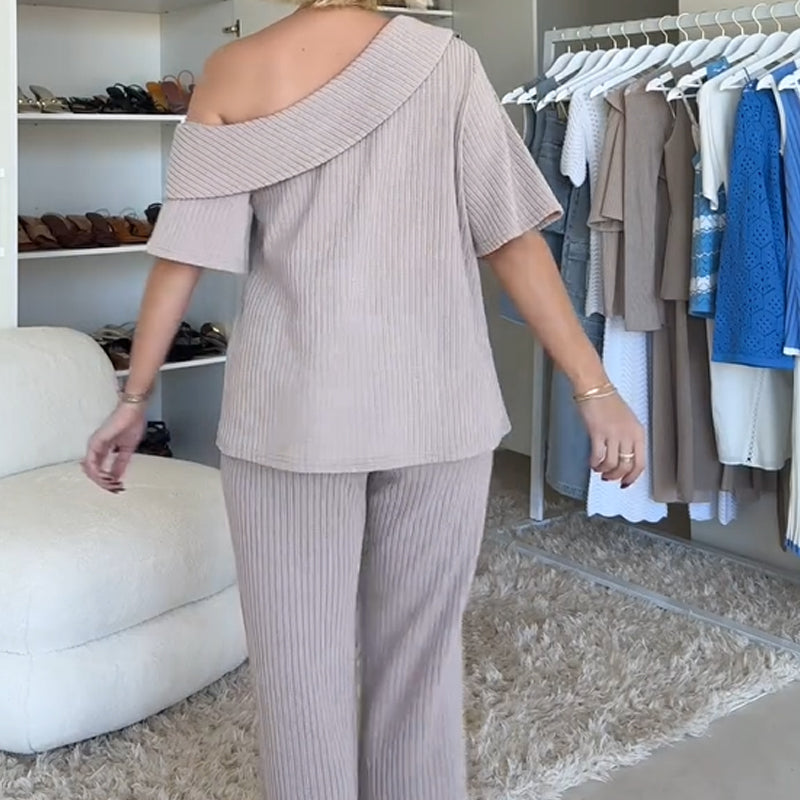 Ribbed Knit Off-Shoulder Top & Wide-Leg Pants Set