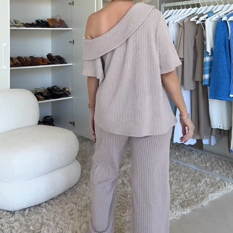 Ribbed Knit Off-Shoulder Top & Wide-Leg Pants Set