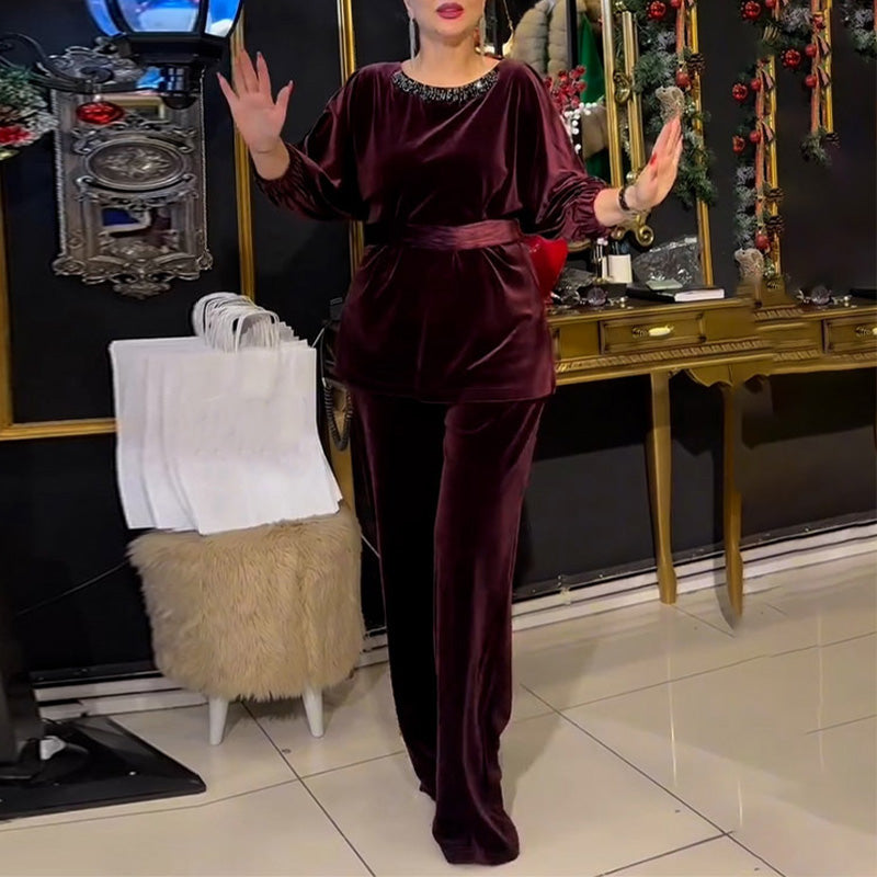 Round Neck Rhinestone Top & Wide-Leg Pants 2-Piece Set