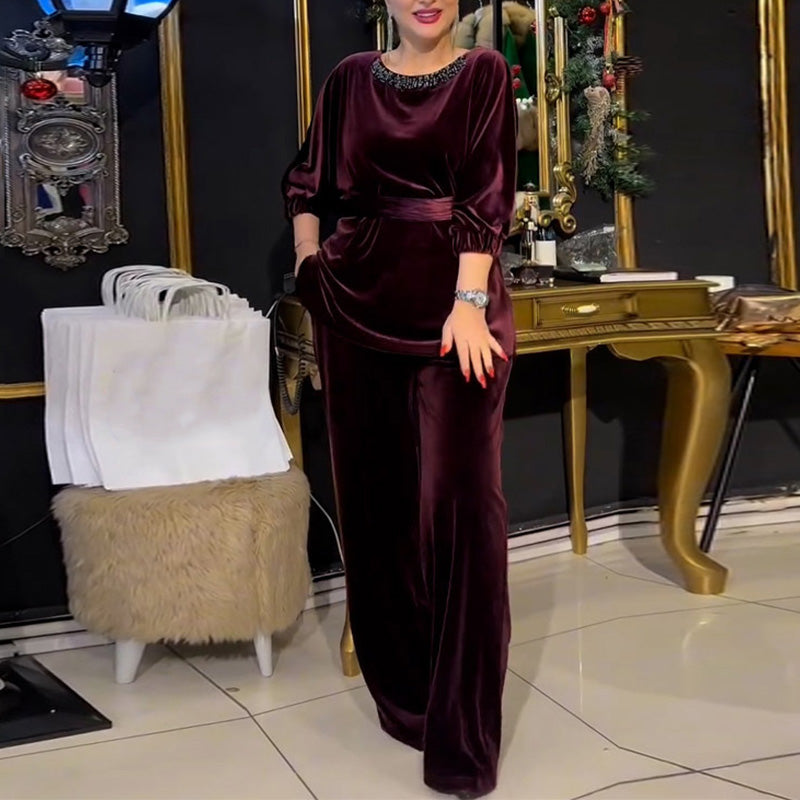 Round Neck Rhinestone Top & Wide-Leg Pants 2-Piece Set