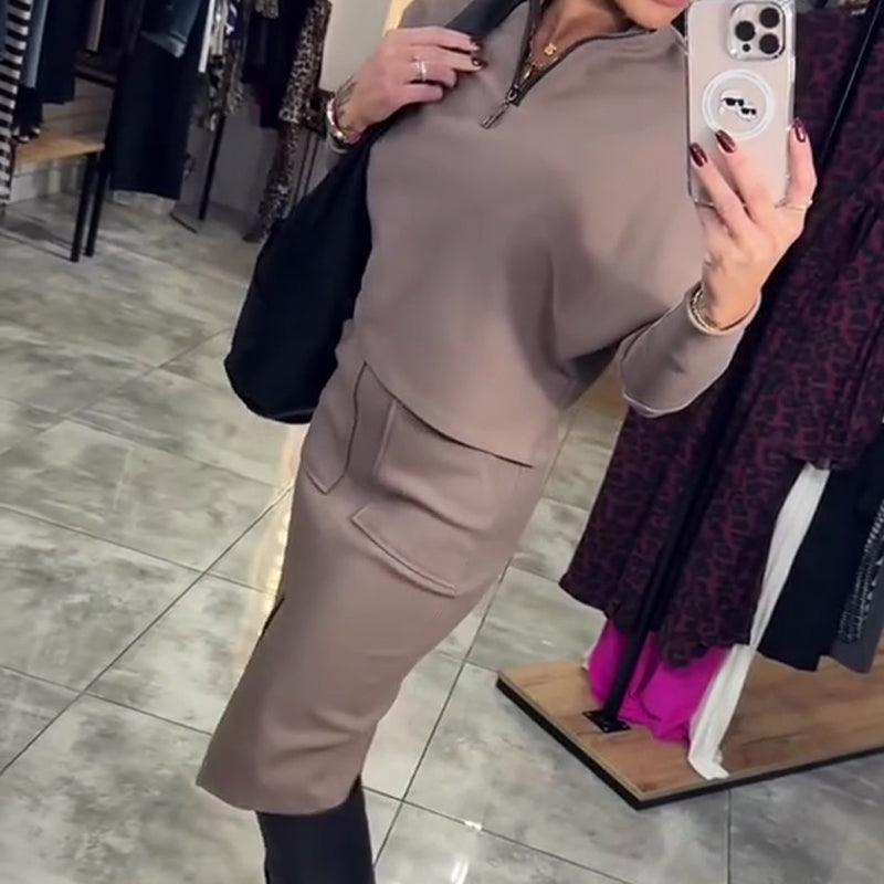 Women's Casual Half Zip Tops & Slit Skirt 2-Piece Set