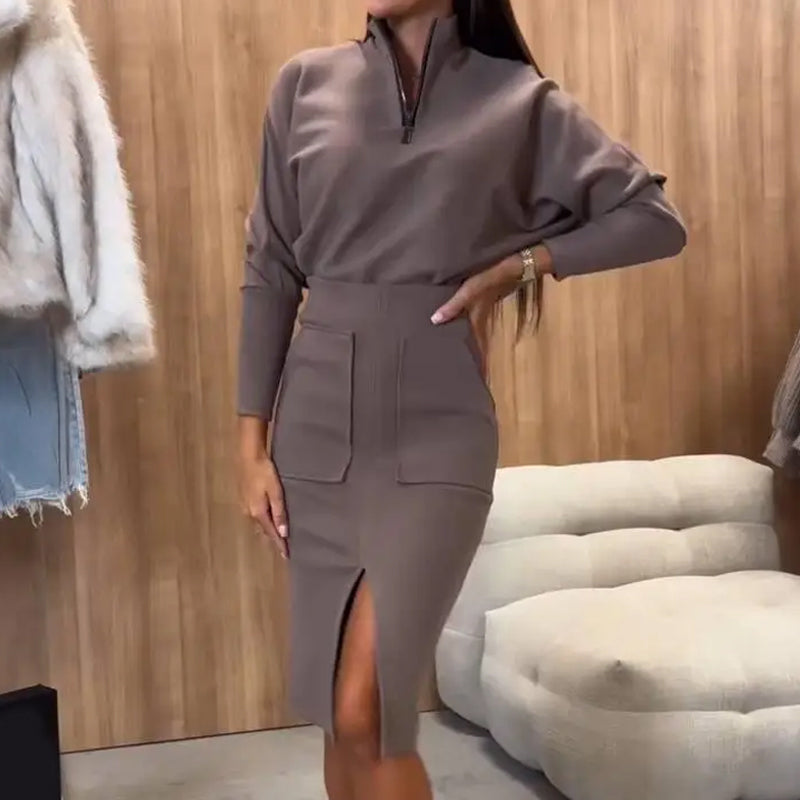 Women's Casual Half Zip Tops & Slit Skirt 2-Piece Set
