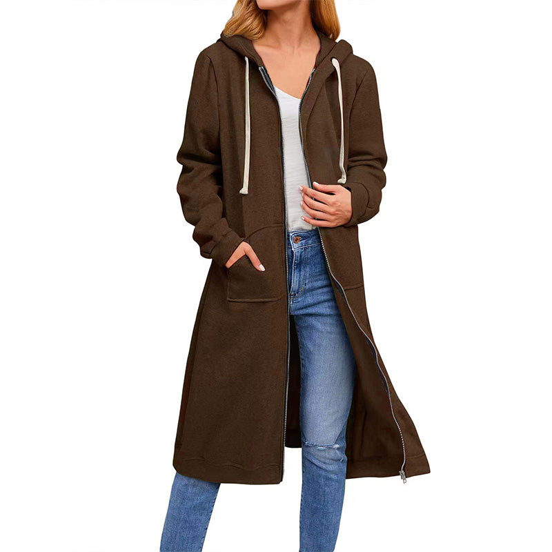 Women's Solid Hooded Zipper Long Sweatshirts