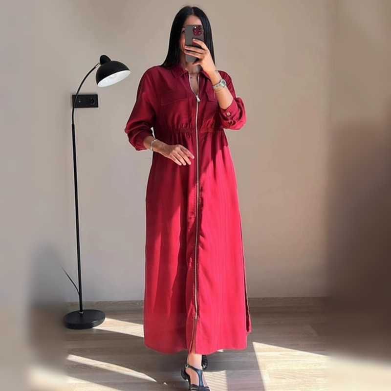 Long-Sleeve Zip-Up Dress with Waist Cinching