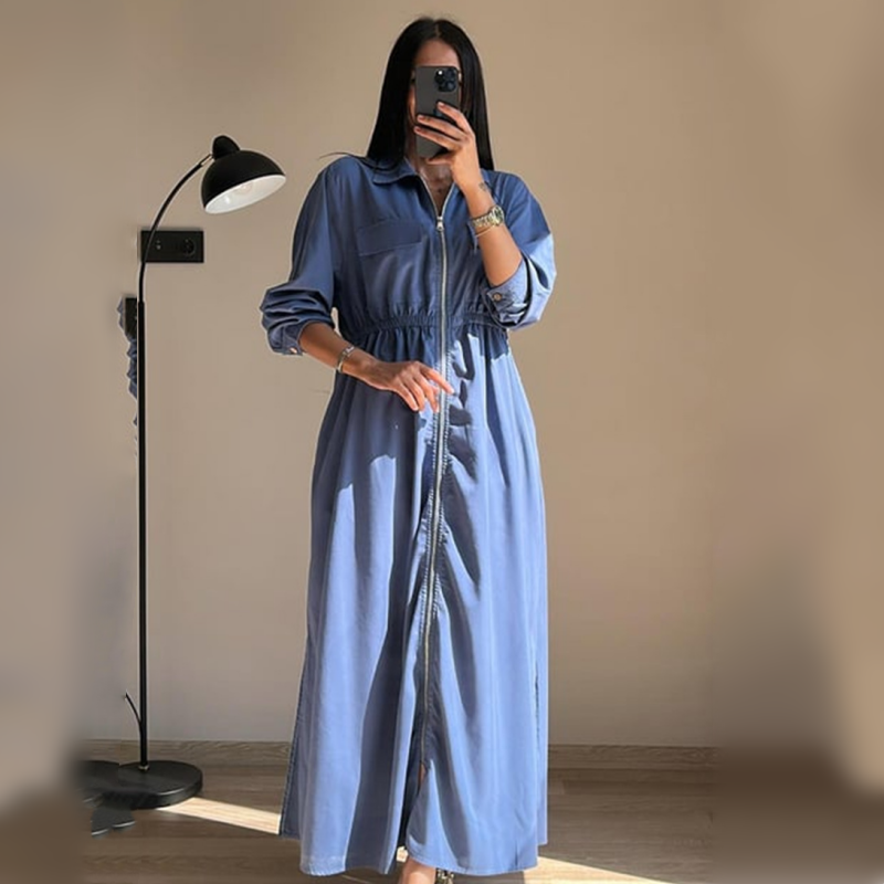Long-Sleeve Zip-Up Dress with Waist Cinching