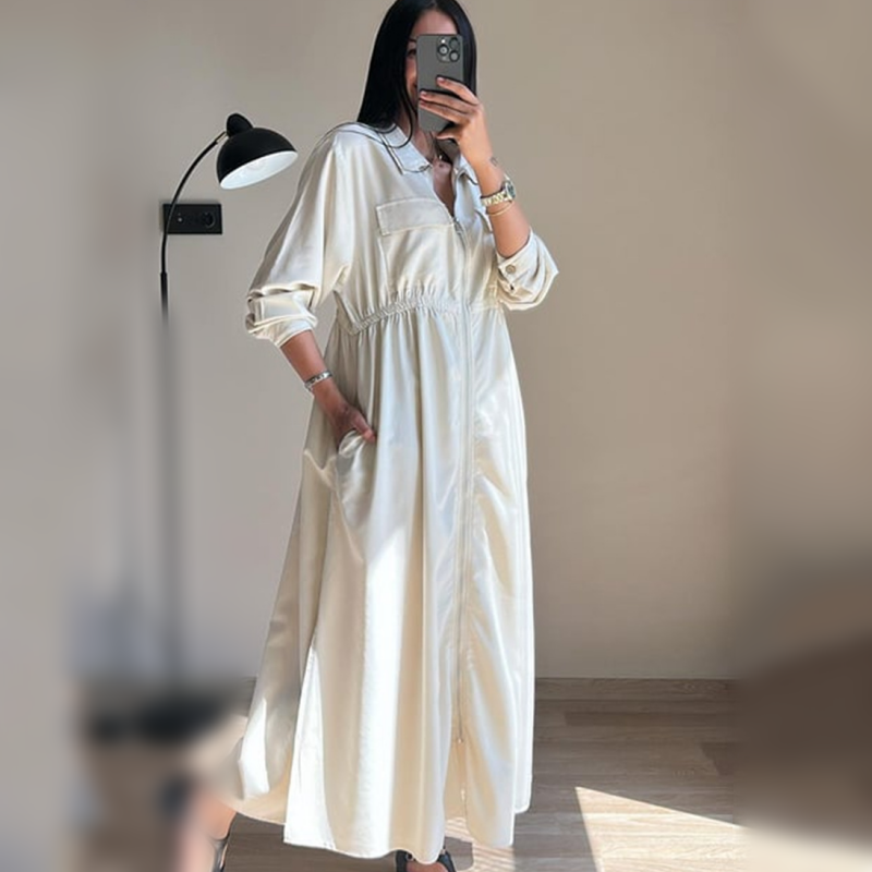 Long-Sleeve Zip-Up Dress with Waist Cinching