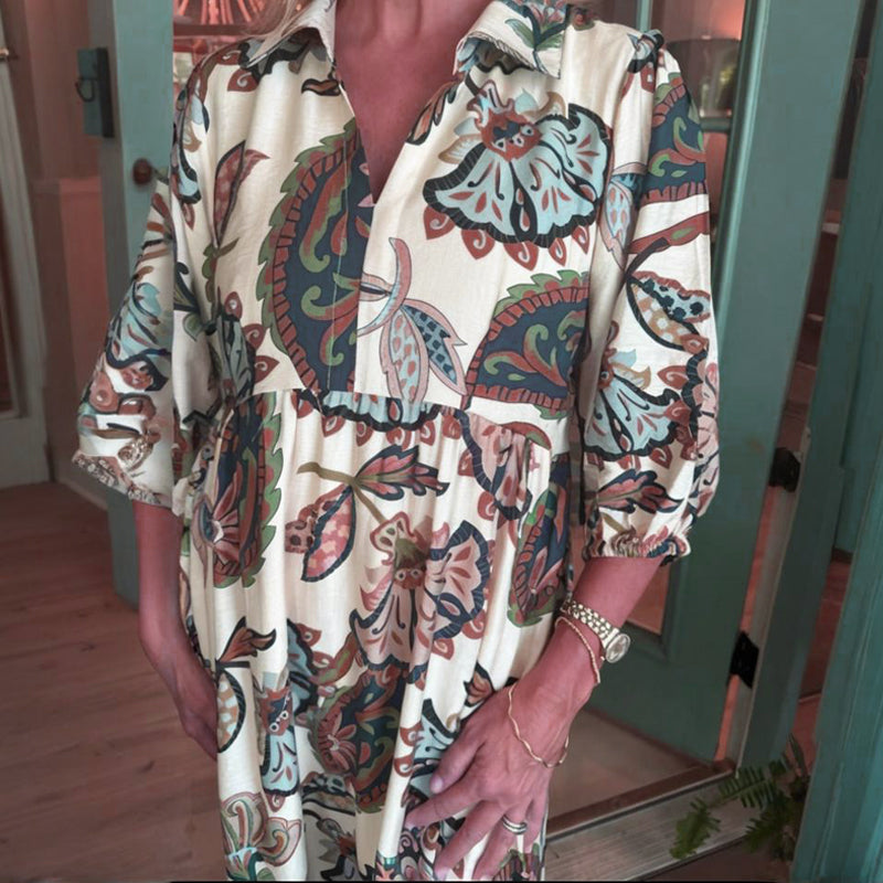 Women's Vintage Print V-Neck Loose Fit Dress
