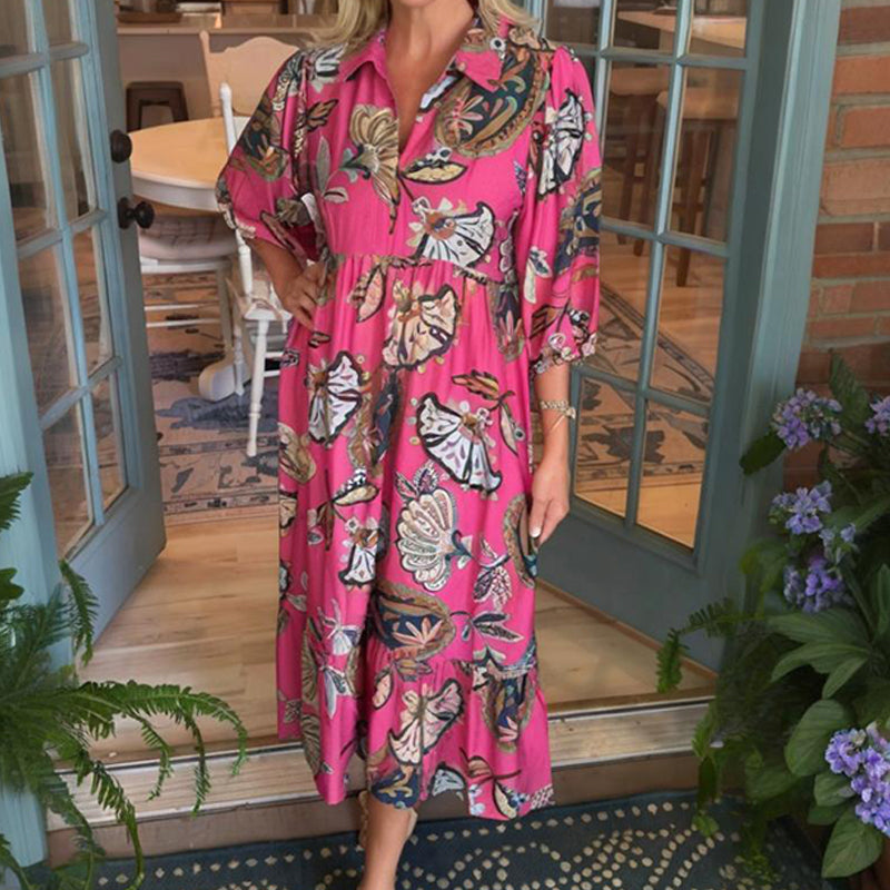 Women's Vintage Print V-Neck Loose Fit Dress