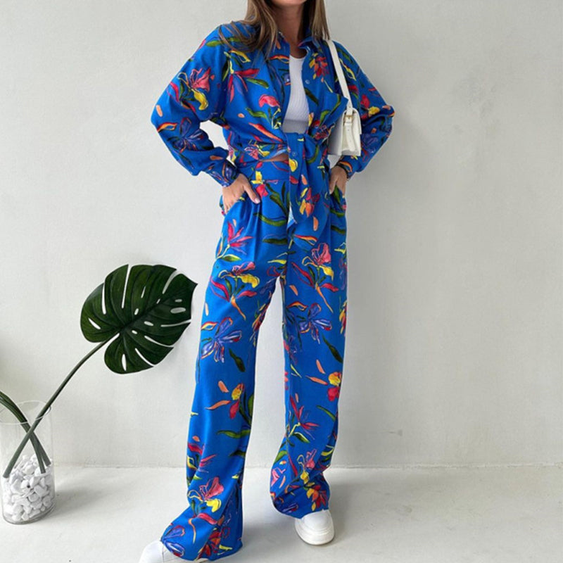 💜 LAST DAY PROMOTION - 50%OFF 💜Floral Print Shirt & Wide-Leg Pants Set