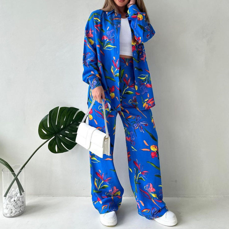 💜 LAST DAY PROMOTION - 50%OFF 💜Floral Print Shirt & Wide-Leg Pants Set