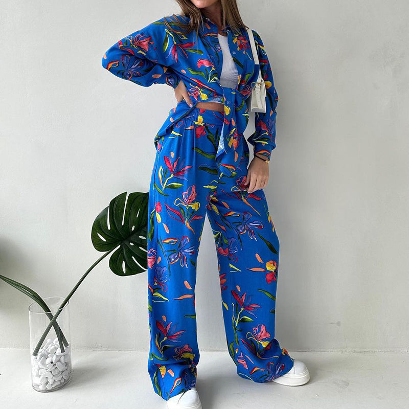 💜 LAST DAY PROMOTION - 50%OFF 💜Floral Print Shirt & Wide-Leg Pants Set