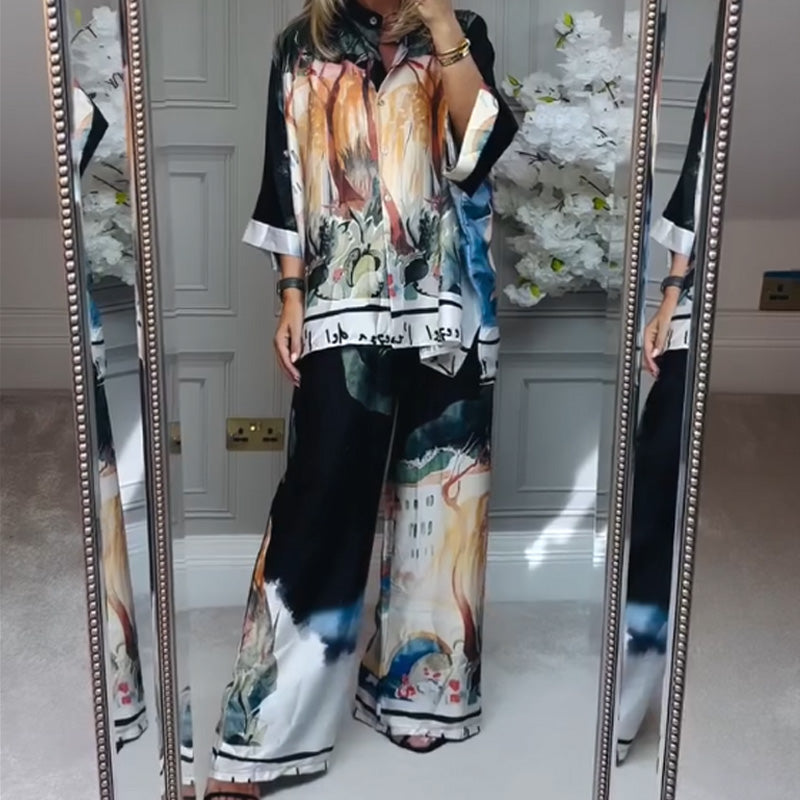 Loose Printed Shirt & Wide-Leg Pants 2-Piece Set