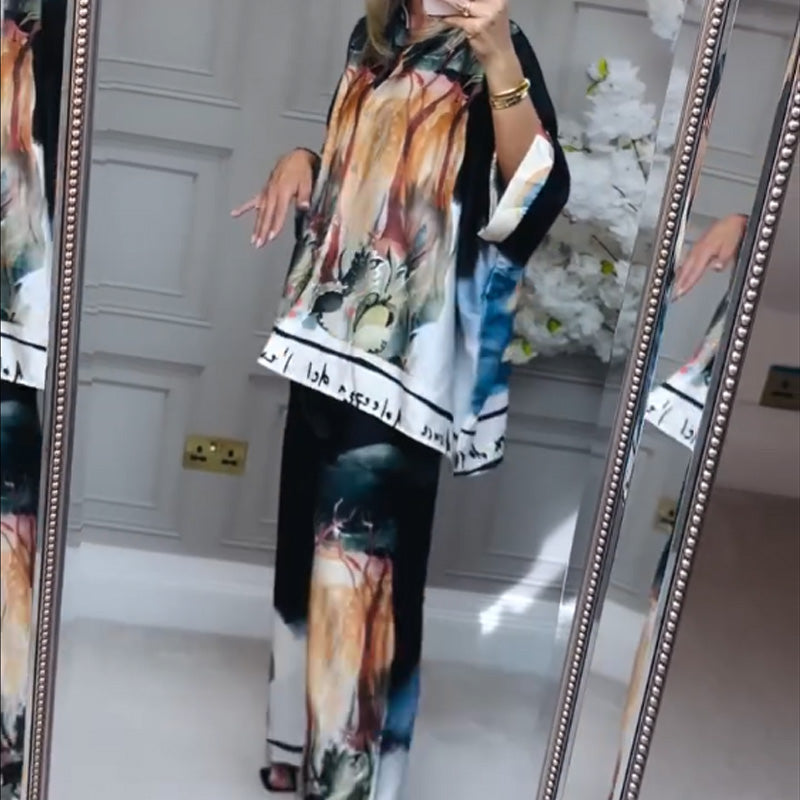 Loose Printed Shirt & Wide-Leg Pants 2-Piece Set