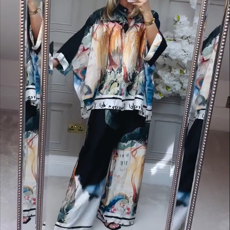 Loose Printed Shirt & Wide-Leg Pants 2-Piece Set
