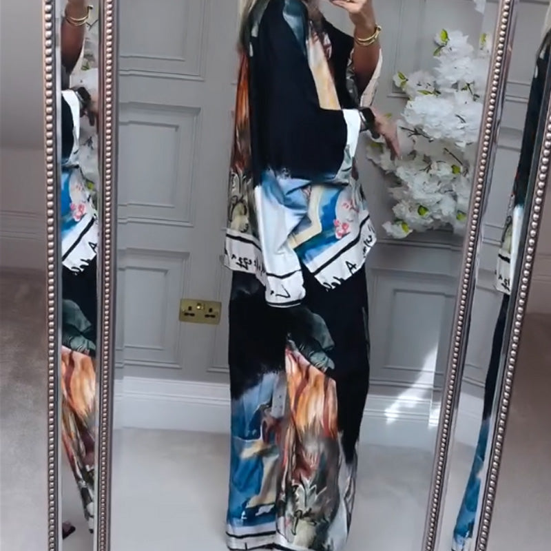 Loose Printed Shirt & Wide-Leg Pants 2-Piece Set