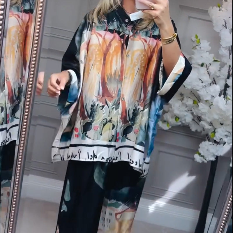Loose Printed Shirt & Wide-Leg Pants 2-Piece Set