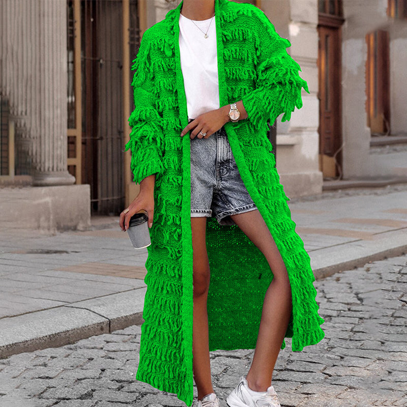 Long Solid-Color Tassel Knit Cardigan