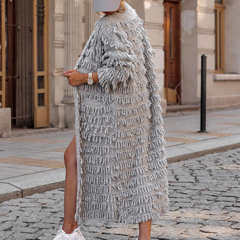 Long Solid-Color Tassel Knit Cardigan