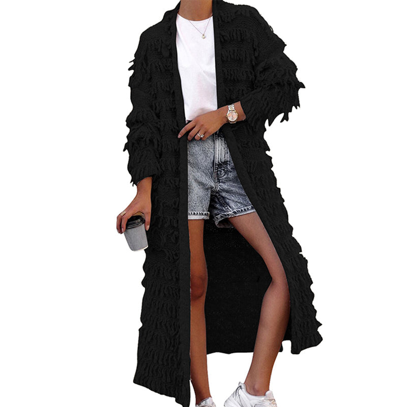 Long Solid-Color Tassel Knit Cardigan