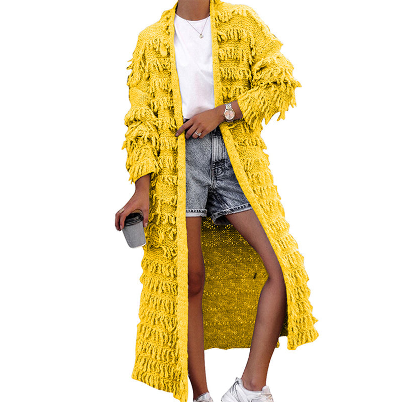 Long Solid-Color Tassel Knit Cardigan